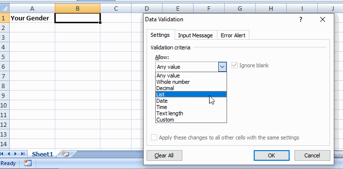 excel drop down list