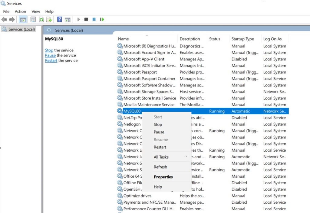 MYSQL services restart, start, stop