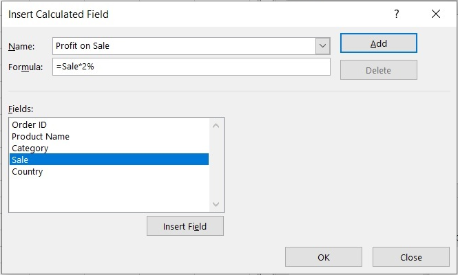 Pivot Table Insert Calculated Field Box